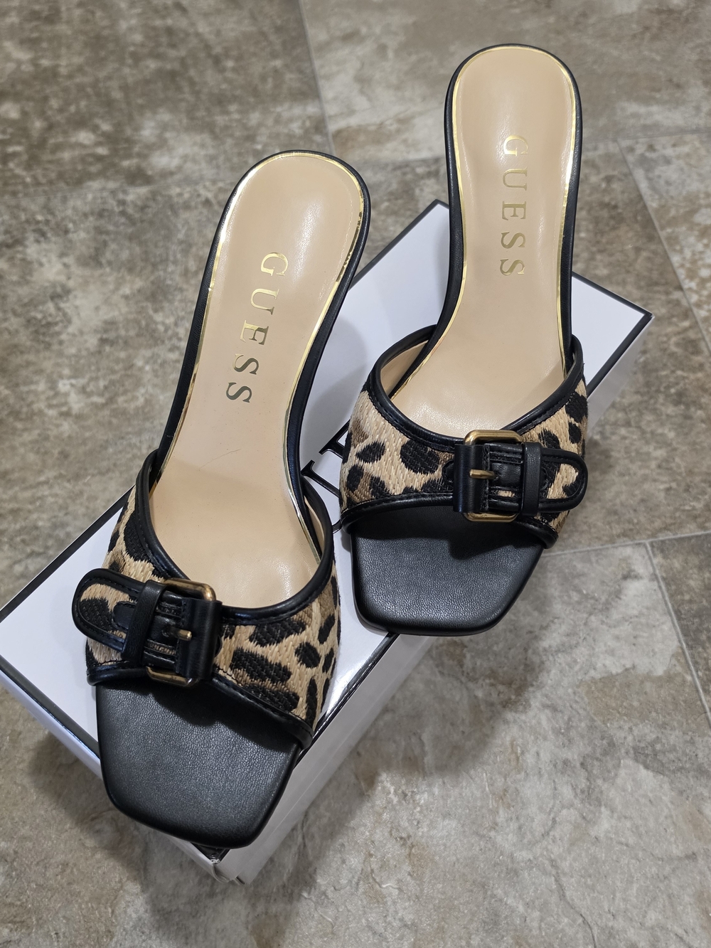 Guess Dista Leopard Print Buckle Hardware Slide Sandals